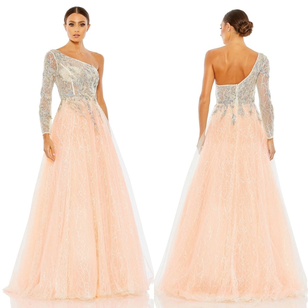 NEW NWT Mac Duggal Embroidered Bodice One Shoulder Ballgown Champagne